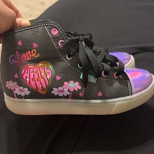 Heelys Black High-Top Sneakers with Pink Hearts, Flowers & Iridescent Toes